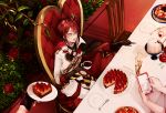  4boys :o black_gloves branch candle candlestand cellphone chair crown cup fingerless_gloves flower food from_above gloves hedgehog highres multiple_boys phone pie plate red_hair riddle_rosehearts rose silver_eyes sitting solo_focus spoon table teacup tilted_headwear twisted_wonderland utsuginoki wrist_cuffs 