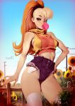  1girl bare_shoulders blonde_hair blue_eyes blue_sky chewing_gum flower grass highres humanization lera_pi lola_bunny looking_at_viewer looney_tunes multicolored_hair orange_hair outdoors pinup_(style) ponytail pose short_shorts shorts sky solo standing sunflower tank_top thighhighs 