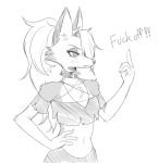  2020 anthro canid canid_demon choker clothed clothing demon female fur gesture hair hellhound helluva_boss jewelry loona_(vivzmind) mammal middle_finger midriff monochrome navel necklace profanity simple_background sketch solo spiked_choker swetpot white_background 