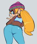  2020 ape beanie blonde_hair blue_eyes blush brown_body brown_fur butt clothing donkey_kong_(series) ear_piercing ear_ring female fur grey_background hair haplorhine hat headgear headwear hi_res justdavefnd kong looking_back mammal nintendo piercing portrait primate rear_view simple_background solo sweatpants three-quarter_portrait tiny_kong video_games 