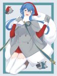  1girl 2others :d animal blue_eyes blue_hair blush buttons eyebrows_visible_through_hair gloves gotland_(kantai_collection) grey_gloves hair_between_eyes hat highres kantai_collection long_hair mole mole_under_eye multiple_others open_mouth pom_pom_(clothes) sack santa_costume santa_hat sheep shingyou_(alexander-13) smile thighhighs white_legwear 