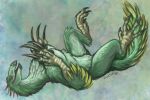 2020 anthro breasts capreoline cervid claws dinosaur feathers female green_body green_feathers lying mammal nipples non-mammal_breasts nude on_back open_mouth reindeer reptile scalie smile solo therizinosaurid therizinosaurus theropod yellow_eyes 