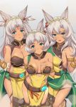  3girls animal_ears armlet black_gloves breasts cat_ears cat_paws dark_skin dark_skinned_female erune felluca flower flower_wreath gloves granblue_fantasy grey_hair hair_flower hair_ornament head_wreath highres kauru00 looking_at_viewer melleau multiple_girls nemone paw_gloves paws sideboob 