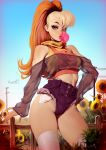  1girl bare_shoulders blonde_hair blue_eyes blue_sky chewing_gum flower grass highres humanization lera_pi lola_bunny looking_at_viewer looney_tunes multicolored_hair orange_hair outdoors pinup_(style) ponytail pose short_shorts shorts sky solo standing sunflower tank_top thighhighs 