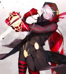  1boy black_coat blue_eyes carrying_over_shoulder coat colored_skin fate/grand_order fate_(series) highres hood hood_up karna_(fate) looking_at_viewer male_focus ono_matope parted_lips sack santa_karna smile solo white_hair white_skin 