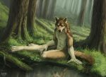  2020 4_toes 5_fingers abs anthro aurru canid canine canis day detailed_background digital_media_(artwork) fingers forest grass male mammal outside plant reflection sitting solo toes tree water wolf 