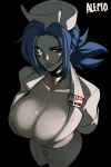  +_+ 1girl alecto_0 black_background blue_hair breasts cleavage evil_smile eyepatch hat highres large_breasts lips name_tag nurse nurse_cap ponytail red_eyes scar scar_on_face skullgirls smile solo upper_body valentine_(skullgirls) 