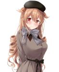  1girl alternate_costume beret black_headwear blush breasts brown_eyes coat commentary_request curly_hair eyebrows_visible_through_hair grey_coat grey_scarf hair_ribbon hat heterochromia kantai_collection large_breasts light_brown_hair long_hair looking_at_viewer murasame_(kantai_collection) official_alternate_costume red_eyes red_ribbon remodel_(kantai_collection) ribbon scarf simple_background smile solo two_side_up u0709 upper_body white_background 