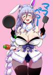  1girl animal_ears bare_shoulders blue_hair blush body_blush breasts bunny_ears closed_eyes frying_pan hololive large_breasts long_hair looking_at_viewer open_mouth pekomama perepere-kun smile solo usada_pekora virtual_youtuber 