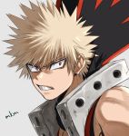  1boy artist_name bakugou_katsuki bangs bare_shoulders blonde_hair boku_no_hero_academia clenched_teeth close-up commentary_request face from_side grey_background hair_ornament looking_at_viewer male_focus mkm_(mkm_storage) muscle red_eyes short_hair simple_background solo spiked_hair teeth 