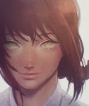  1girl blurry brown_hair chainsaw_man chromatic_aberration depth_of_field highres kunitarou-art long_hair looking_at_viewer makima_(chainsaw_man) portrait shirt simple_background smile solo white_background white_shirt yellow_eyes 