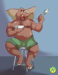  2020 anthro belly cereal chair clothing dirty-palms elephant elephantid food furniture hi_res kellogg&#039;s male mammal melvin_the_elephant moobs nipples overweight overweight_anthro overweight_male proboscidean sitting solo topwear tusks 