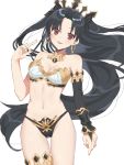  1girl ass_visible_through_thighs asymmetrical_sleeves black_bow black_hair black_panties black_sleeves bow bra breasts bridal_gauntlets choker cleavage collarbone cowboy_shot detached_sleeves earrings eyebrows_visible_through_hair fate/grand_order fate_(series) floating_hair hair_bow hair_intakes ishtar_(fate)_(all) ishtar_(fate/grand_order) jewelry long_hair long_sleeves looking_at_viewer medium_breasts navel open_mouth oshage_(user_kpsn5534) panties red_eyes shiny shiny_hair simple_background single_sleeve solo standing strapless strapless_bra thigh_gap underwear very_long_hair white_background white_bra 