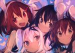  4girls :d absurdres akatsuki_(kantai_collection) animal_ears black_leotard brown_eyes brown_hair bunny_ears closed_mouth detached_collar eyebrows_visible_through_hair fake_animal_ears fang grey_eyes hair_between_eyes hair_ornament hairclip heart hibiki_(kantai_collection) highres ikazuchi_(kantai_collection) inazuma_(kantai_collection) kaamin_(mariarose753) kantai_collection leotard long_hair multiple_girls open_mouth purple_eyes purple_hair short_hair silver_hair smile 