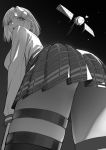 1girl ass bent_over blush breasts collared_shirt commentary cowboy_shot english_commentary eyelashes from_below greyscale hair_ornament highres hololive hololive_english long_sleeves looking_at_viewer manamachii medium_breasts miniskirt monochrome open_mouth plaid plaid_skirt satellite shirt short_hair skirt solo thigh_strap thighhighs thighs watson_amelia 