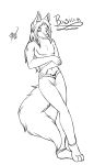  anthro bare_chest basian bluhellwulf bottomwear canid canine canis clothing domestic_dog hair hi_res husky leaning long_hair male mammal monochrome nordic_sled_dog pants sketch solo spitz 
