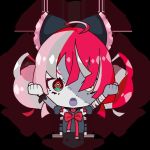  1girl :o ahoge bandaged_arm bandages black_bow black_dress bow chibi clenched_hands double_bun dress grey_hair hair_bow heterochromia hololive hololive_indonesia kureiji_ollie kureiji_ollie_(artist) multicolored_hair open_mouth pink_hair red_bow red_eyes red_hair solo stitched_face stitches symbol-shaped_pupils torn_clothes torn_dress virtual_youtuber yellow_eyes zombie 