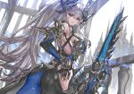  1girl ass back bangs bodysuit breasts highres horns long_hair looking_at_viewer original parted_lips ponytail purple_eyes ran&#039;ou_(tamago_no_kimi) silver_hair solo sword very_long_hair weapon 