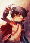  1boy arm_up armpits blurry blurry_background brown_hair cape helmet highres horned_helmet kunitarou-art made_in_abyss mechanical_arms parted_lips pointy_ears red_cape regu_(made_in_abyss) shirtless solo sweatdrop upper_body yellow_eyes 