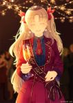  1girl :d artist_name bangs birthday blonde_hair blue_shirt blurry blurry_background blush bow breasts center_frills champagne_flute closed_eyes coat collared_shirt commentary_request cup drinking_glass earrings ereshkigal_(fate/grand_order) eyebrows_visible_through_hair facing_viewer fate/grand_order fate_(series) fingernails frills glint hair_bow highres holding holding_cup jewelry light_particles long_hair long_sleeves necktie open_mouth pom_pom_(clothes) pom_pom_earrings red_bow red_coat red_neckwear red_skirt sash shirt skirt skull smile solo tiara twitter_username two_side_up upper_body very_long_hair yue_natsuki 