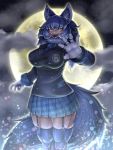  1girl animal_ears arm_at_side aura bangs blazer blue_hair breasts claw_pose commentary_request dire_wolf_(kemono_friends) eyebrows_visible_through_hair feet_out_of_frame full_moon fur_collar garter_straps gloves hand_up highres hkanakakia jacket kemono_friends large_breasts lipstick long_hair long_sleeves looking_at_viewer makeup miniskirt moon necktie night night_sky open_mouth outdoors plaid plaid_skirt pleated_skirt sharp_teeth skirt sky slit_pupils smile solo standing star_(sky) starry_sky tail teeth thick_thighs thighhighs thighs v-shaped_eyebrows wolf_ears wolf_girl wolf_tail yellow_eyes 