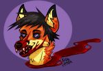  anthro black_hair black_sclera blood bodily_fluids canid canine decapitation fox gore hair hi_res kolkolukija male mammal orange_body smile teeth 