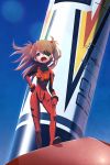  1girl blue_eyes blue_sky bodysuit brown_hair eyepatch highres kunitarou-art long_hair looking_at_viewer multicolored multicolored_bodysuit multicolored_clothes neon_genesis_evangelion open_mouth outdoors pilot_suit plugsuit red_bodysuit shikinami_asuka_langley sky solo souryuu_asuka_langley standing wide_shot 