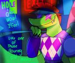  ! 2020 4_fingers alligator alligatorid anthro black_claws claws clothing crocodilian dialogue english_text exit exit_sign eyewear fingers five_nights_at_freddy&#039;s five_nights_at_freddy&#039;s:_security_breach glasses gloves golf golf_club golf_course green_body green_nose green_skin hair handwear headgear hi_res holding_object inside male mobox87 mohawk montgomery_gator_(fnaf) portrait red_hair reptile scalie sharp_claws sharp_teeth shirt short_hair smile solo sport standing star star_glasses teeth text topwear video_games visor yellow_body yellow_skin 