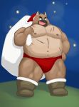  2020 anthro belly black_nose brown_body brown_fur canid canine canis christmas christmas_clothing christmas_headwear clothing domestic_dog fur hat headgear headwear hi_res holidays kemono male mammal nipples overweight overweight_anthro overweight_male santa_hat scar solo tokyo_afterschool_summoners video_games yasuyori yuuh1212 