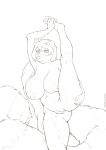  absurd_res anthro belly big_breasts breasts female fluffy fluffy_tail genitals hand_on_butt hi_res looking_up mammal momosukida monochrome nude paws procyonid pussy raccoon raised_leg renee_(codecreatures) smile solo stretching 