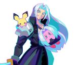  1boy armor blue_eyes copy_ability denaseey final_fantasy final_fantasy_vii gen_2_pokemon grey_eyes grin high_collar highres holding holding_sword holding_weapon kirby kirby_(series) long_hair long_sleeves male_focus on_shoulder pichu pokemon pokemon_(creature) pokemon_on_shoulder sephiroth shoulder_armor silver_hair simple_background smile super_smash_bros. sword weapon white_background 