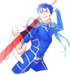  1boy absurdres armor blue_hair bodysuit bulge cu_chulainn_(fate)_(all) earrings fate/stay_night fate_(series) foreshortening gae_bolg grin highres holding holding_polearm holding_weapon jewelry lancer long_hair looking_down male_focus muscle namo open_mouth pauldrons pectorals polearm ponytail red_eyes shoulder_armor simple_background skin_tight smile solo spiked_hair type-moon weapon white_background 