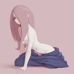 1girl absurdres arm_support breasts closed_mouth eyeshadow hair_over_one_eye half-closed_eye highres little_witch_academia long_hair looking_at_viewer makeup medium_breasts nipples pale_skin pink_hair pudgeruffian red_eyes simple_background sitting solo sucy_manbavaran 
