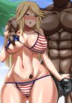  1boy 1girl abs alice_gear_aegis american_flag_bikini ayuayu_(shouyu_no_sato) bare_shoulders bikini blonde_hair blue_eyes blush breast_grab breasts cleavage commentary_request covered_nipples cowboy_shot dark_skin dark_skinned_male erection erection_under_clothes fern flag_print grabbing halterneck head_out_of_frame interracial large_breasts large_penis male_swimwear muscle navel netorare open_mouth outdoors pectorals penis pussy_juice queen_of_spades shirley_oakley stomach swim_briefs swimsuit swimwear thick_thighs thighs underboob wet 