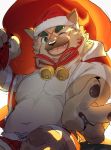  2020 absurd_res anthro belly brown_body brown_fur canid canine canis christmas christmas_clothing christmas_headwear clothing cute_fangs domestic_dog fur hat headgear headwear hi_res holidays kemono l0sskim male mammal navel one_eye_closed overweight overweight_anthro overweight_male santa_hat scar solo tokyo_afterschool_summoners video_games wink yasuyori 