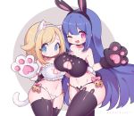  2girls animal_band_legwear animal_ears arm_around_back artist_name bangs bare_shoulders bell black_gloves black_hairband black_legwear black_panties blonde_hair blue_eyes blue_hair blush blush_stickers bow bra breasts bunny_band_legwear bunny_ear_panties bunny_ears bunny_tail cameltoe cat_band_legwear cat_ear_panties cat_ears cat_lingerie cat_tail claire_(clarevoir) clarevoir cleavage_cutout closed_mouth clothing_cutout collarbone commentary commission cowboy_shot english_commentary fake_animal_ears fake_tail fang frilled_bra frills gloria_(pokemon) gloves groin hairband hand_up happy highres jingle_bell jpeg_artifacts large_breasts long_hair looking_at_viewer medium_breasts meme_attire multiple_girls navel one_eye_closed open_mouth original panties paw_gloves paw_print paws pink_bow pink_eyes pokemon pokemon_(game) pokemon_swsh shiny shiny_clothes shiny_hair shiny_skin short_hair sidelocks simple_background skindentation smile standing stomach strapless strapless_bra tail thick_thighs thighhighs thighs tongue twitter_username two-tone_background underwear underwear_only very_long_hair watermark white_background white_gloves white_hairband white_panties wide_hips 