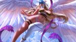  1girl angel_wings angewomon asymmetrical_clothes asymmetrical_legwear bare_shoulders bikini blue_sky breasts cleavage cloud covered_eyes digimon digimon_adventure head_wings highleg highleg_bikini highres large_breasts lolliedrop mask multiple_wings navel parted_lips pinup_(style) revealing_clothes sky swimsuit thick_thighs thigh_strap thighs underbust white_legwear wings zipper 