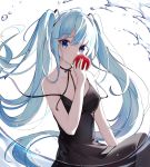 1girl absurdres ahoge apple aqua_hair black_dress blue_eyes breasts commentary dress eating english_commentary eyebrows_visible_through_hair floating_clothes floating_hair food fruit hatsune_miku highres holding holding_food holding_fruit k13795 long_hair looking_at_viewer small_breasts solo standing strap_slip twintails untied_dress upper_body very_long_hair vocaloid water 