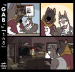  akita anthro black_dot_eyes bodily_fluids canid canine canis cellphone comic digit_ring domestic_dog duo furniture gabshiba gesture holding_cellphone holding_object holding_phone inside jewelry living_room looking_at_cellphone looking_at_object looking_at_phone male mammal married_couple online_shopping phone pit_bull pointing ring ruff_bull shopping spitz sweat sweatdrop voff_akita wedding_ring 