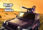  1girl alice_margatroid bangs blonde_hair blue_tank_top car commentary_request cookie_(touhou) desert english_text firing gatling_gun grand_theft_auto ground_vehicle gun hairband highres holding holding_gun holding_weapon jeep jeep_wrangler looking_to_the_side megafaiarou_(talonflame_810) minigun motor_vehicle mountain muscle muscular_female muzzle_flash orange_sky purple_eyes red_hairband road sakuranbou_(cookie) shell_casing short_hair sky solo sunroof tank_top touhou upper_body weapon 