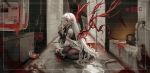  1girl animal_costume arknights blood blood_bag blood_splatter blood_wings bloody_clothes braid hair_ornament hallway highres horror_(theme) long_hair pipes pointy_ears recording red_eyes seiza sitting tibaya8 tongue tongue_out vampire viewfinder warfarin_(arknights) white_hair 