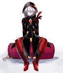  1boy black_coat blue_eyes boots closed_mouth coat colored_skin cross-laced_footwear fate/grand_order fate_(series) hair_over_one_eye highres hood hood_up karna_(fate) karna_(santa)_(fate) lace-up_boots male_focus red_footwear sandbag sitting smile solo thigh_boots thighhighs white_hair white_skin 