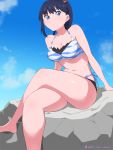  1girl bare_legs bikini black_hair blue_eyes blue_sky blush crossed_legs highres layered_bikini leaning_forward navel signature sitting sitting_on_rock sky smile solo ssss.gridman striped striped_bikini swimsuit swimwear takarada_rikka thighs yukito_kitto 