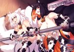  2girls animal_print bell bell_collar black_hair blue_eyes blush breasts collar cow_print cowbell crescentia deathblight elbow_gloves fang fingerless_gloves fingernails fox_girl fox_tail gloves hanging_breasts kyuubi lactation large_breasts leaning_forward long_fingernails long_hair milking_machine multiple_girls multiple_tails nail_polish nipples nude pregnant red_eyes tail thighhighs white_hair 