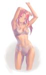  1girl arm_behind_head armpits bangs beige_bra beige_panties cropped_legs english_commentary hand_up highres long_hair looking_down navel original parted_bangs red_eyes red_hair solo underwear underwear_only yuho_kim 