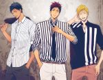 3boys a_jou adjusting_neckwear aomine_daiki arm_up bangs belt black_eyes black_neckwear black_pants black_shirt blonde_hair blue_hair brown_belt closed_mouth collared_shirt cowboy_shot dark_skin dark_skinned_male hand_in_pocket hand_up holding holding_clothes holding_jacket jacket kagami_taiga kise_ryouta kuroko_no_basuke looking_at_another looking_at_viewer male_focus multiple_boys necktie open_mouth over_shoulder pants red_eyes red_hair red_pants shirt short_hair sideways_glance sleeves_rolled_up smile striped striped_shirt tongue tongue_out two-tone_shirt white_pants white_shirt 