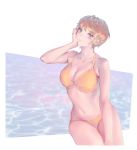  1girl bikini blonde_hair blue_eyes breasts cleavage collarbone english_commentary hand_on_own_cheek hand_on_own_face highres medium_breasts navel original parted_lips short_hair sitting solo swimsuit water yellow_bikini yuho_kim 