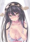  1girl artist_name bare_shoulders black_hair blush bra breasts cleavage collarbone hand_on_own_chest haruna_(kantai_collection) headgear highres hizaka kantai_collection large_breasts long_hair looking_at_viewer open_mouth simple_background solo twitter_username underwear underwear_only upper_body white_background white_bra yellow_eyes 