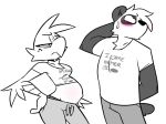  anthro avian belly bird blush bodily_fluids bottomwear clothing duo female giant_panda male mammal narrowed_eyes nervous pants pixylbyte pregnant shirt squint sweat sweatpants tired topwear ursid 