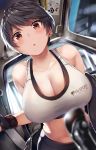  1girl bangs banned_artist bare_shoulders belko black_hair blush breasts brown_eyes cleavage collarbone gloves highres large_breasts looking_at_viewer midriff open_mouth original short_hair sports_bra sweat swept_bangs 